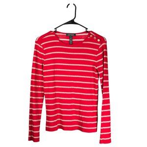 Ralph Lauren Women's Blouse Red Gold Striped Metallic Glitter Button Knit Top S